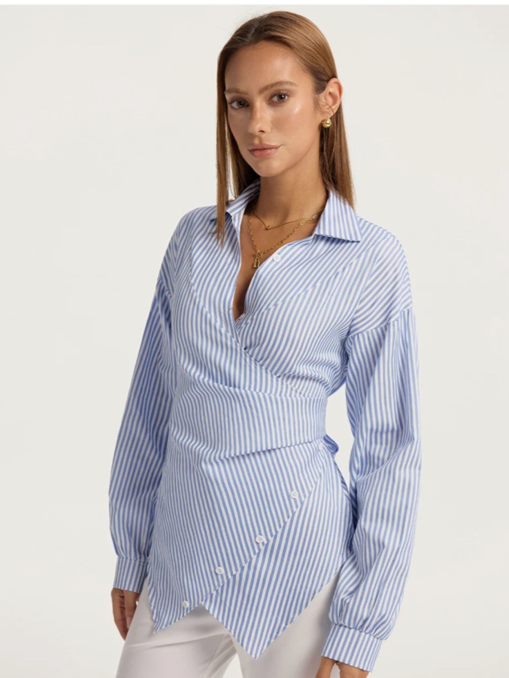 NEW Commense Striped Blue & White Blouse wrap look w/ bow tie back Medium - Picture 5 of 9